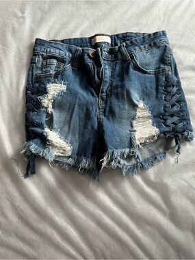Aphrodite Distressed Lace-Up Denim Shorts - Blue